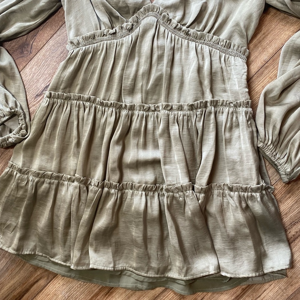 SOLD Lulus Moonstruck Olive Green Satin Tiered Long Sleeve Mini Dress - Picture 5 of 9
